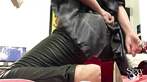 ever wonder how this milf in green leather pants and red satin heels takes pov doggy ass licking and spanking blowjob