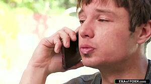 Euro milf corners stepson's friend for oily titfuck fun