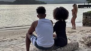 black couple picks up beach stranger bruninha for home threesome fun