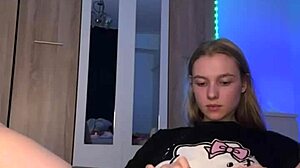 skinny teen fingers wet pink pussy then rams big dildo deep