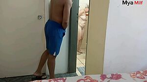 madrasta catches adoptive son jerking off in shower and fucks him bareback