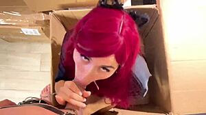 Cosplay redhead teen gags on cock with funny faces