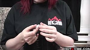 curvy redhead slips out of corset to finger and toy her wet pussy