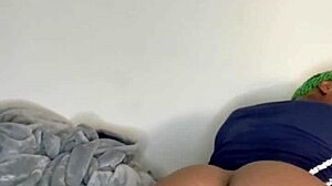 Skinny long-haired girl humps pillow hard after sweaty gym workout