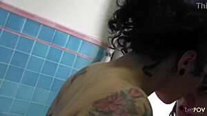 Busty lesbos hit bathroom for dildo pussy feast 😈👅🍆💦