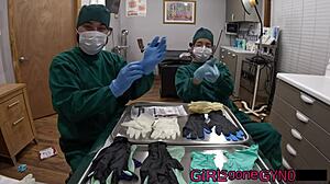 DOCTOR ARIA NICOLE AND DOCTOR TAMPA FITTING TIGHT GLOVES CLOSE-UP