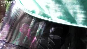 hairy mature flashing her beaver thru see-thru dress outdoors