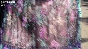 hairy mature flashing her beaver thru see-thru dress outdoors