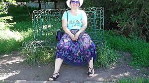 hairy mature flashing her beaver thru see-thru dress outdoors