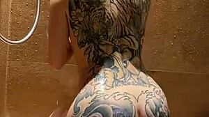 carolina iena steps into sensual shower moaning as she teases feet and shaved pussy