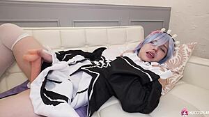 asian maid miu akino dildo rubs clit moaning wet couch