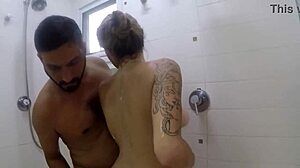 Latina milf spreads pussy lips for monster cock creampie in bathroom