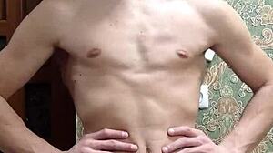 flex SKINNY boy STRIPS underwear showing MUSCULAR flexible body