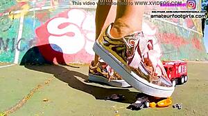 Kati crushes toy cars with sneakers giantess trample fun 🚗💥
