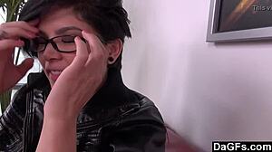 Dagfs Cute Brunette Glasses Girl Quickie Audition on Sofa