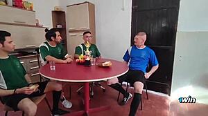 Soccer team barebacks tattooed big ass in double anal face fuck gangbang