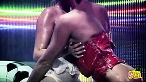 blonde stripper begs her brunette to lick dildo clean after play