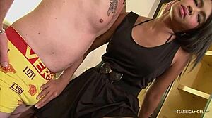 shaved asian babe's pink lips small tits bent over for interracial doggystyle cum