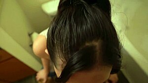 asian babe with big tits and curvy ass gives sloppy deepthroat blowjob in bathroom pov