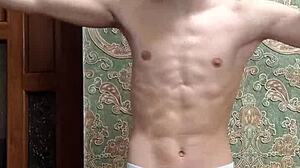 flex SKINNY boy STRIPS underwear showing MUSCULAR flexible body