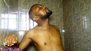 Petite ebony babe bends over tight juicy pussy for interracial doggystyle in bathroom