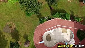 Bizarre outdoor lesbians finger and lick while golden shower drenches old fetish sluts