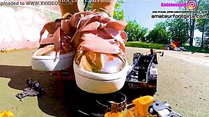 Kati crushes toy cars with sneakers giantess trample fun 🚗💥