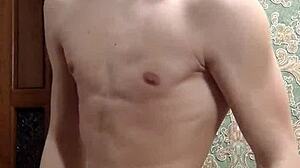 flex SKINNY boy STRIPS underwear showing MUSCULAR flexible body