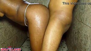 Petite ebony babe bends over tight juicy pussy for interracial doggystyle in bathroom