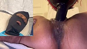 damn this ebony babe squirts hard on dildo mask moaning wet