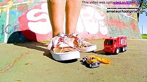 Kati crushes toy cars with sneakers giantess trample fun 🚗💥