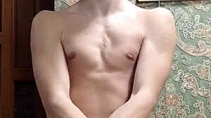 flex SKINNY boy STRIPS underwear showing MUSCULAR flexible body