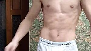 flex SKINNY boy STRIPS underwear showing MUSCULAR flexible body