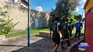 Soccer team barebacks tattooed big ass in double anal face fuck gangbang