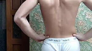 flex SKINNY boy STRIPS underwear showing MUSCULAR flexible body