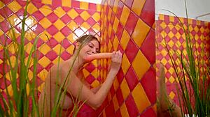 Blonde babe rams huge anal dildo solo bathroom wet orgasm squirt.