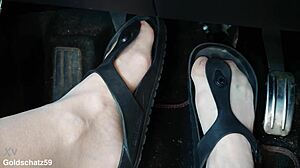 german mature pumps toes in nylon pantyhose birkenstocks car fetish close-up