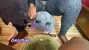 Seductive ebony housewife in lingerie teases with wet shaved pussy and fetish foot play during homemade pedicure