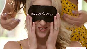 big tits brunette blindfolds blonde wife for intense pussy licking fingering