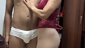 milf in red lace sucks cock licks pussy fucks hard!
