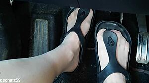 german mature pumps toes in nylon pantyhose birkenstocks car fetish close-up