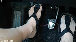 german mature pumps toes in nylon pantyhose birkenstocks car fetish close-up