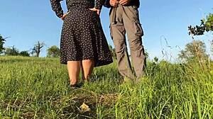 Stepmom's hairy pussy pees bent over outdoors chubby curves drip