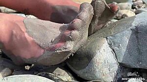 goddess's torn pantyhose reveal messy nylon feet by river closeups