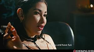 hey wanna watch this french brunette with huge fake tits smoke and masturbate dirty talk cowgirl tease?