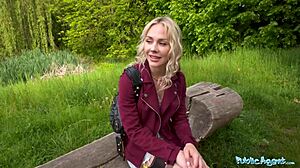 Finnish blonde babe deepthroats big dick outdoors in public agent pov