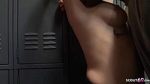 Big floppy boobs teen seduces BBC for rough interracial gym fitting room fuck.