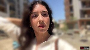 Skinny babe begs cum facial for street cumwalk after public doggystyle blowjob moaning loud.
