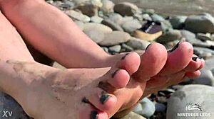 goddess's torn pantyhose reveal messy nylon feet by river closeups