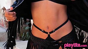 latina brunette strips petite nude body on tennis court outdoors